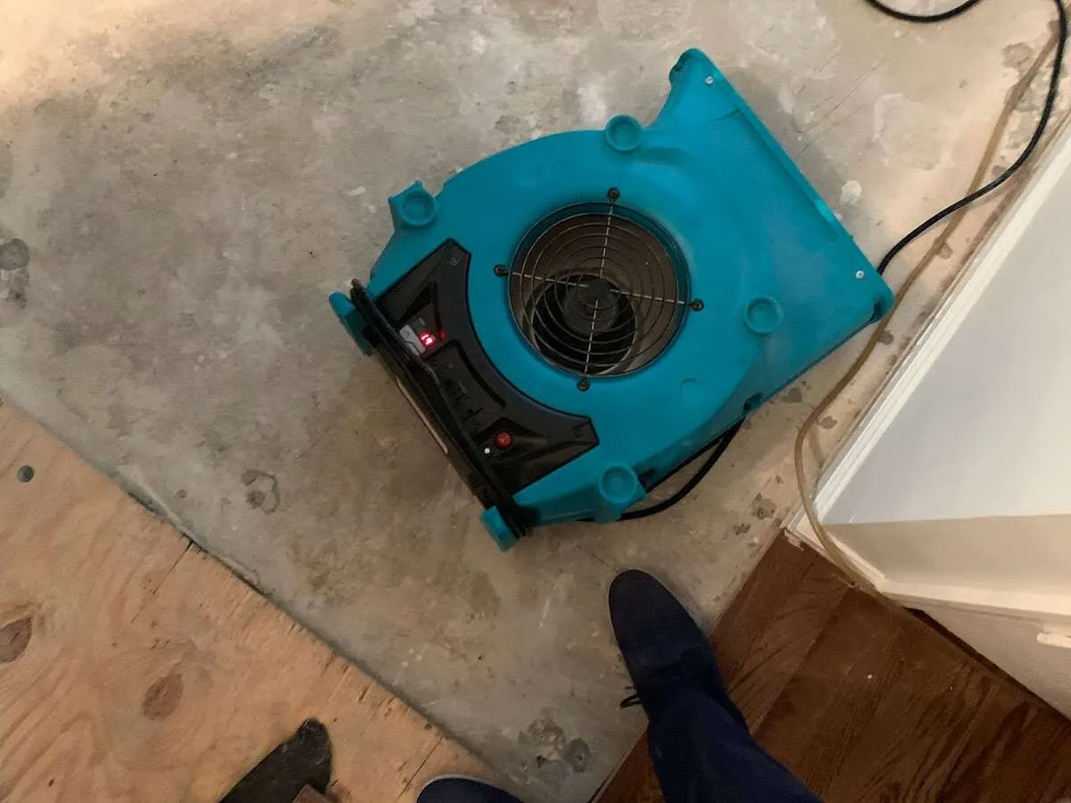Air mover drying subfloor during Leak Detection & Repair in Pembroke